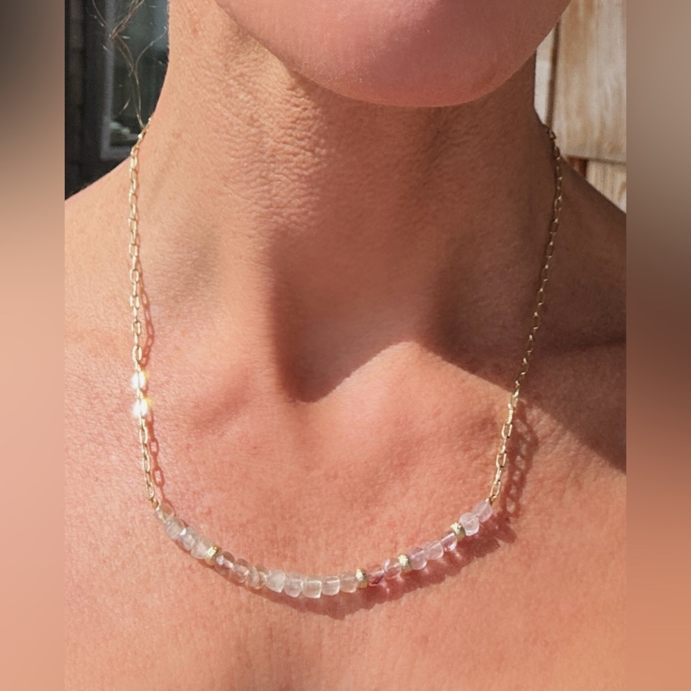Pastel Gemstone Beaded Necklace Gold Paperclip Chain Waterproof Fluorite Crystal - Picture 8 of 13